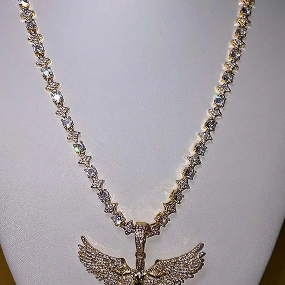 Gold Tennis Star & Angel Pendant Necklace – 20 Inch